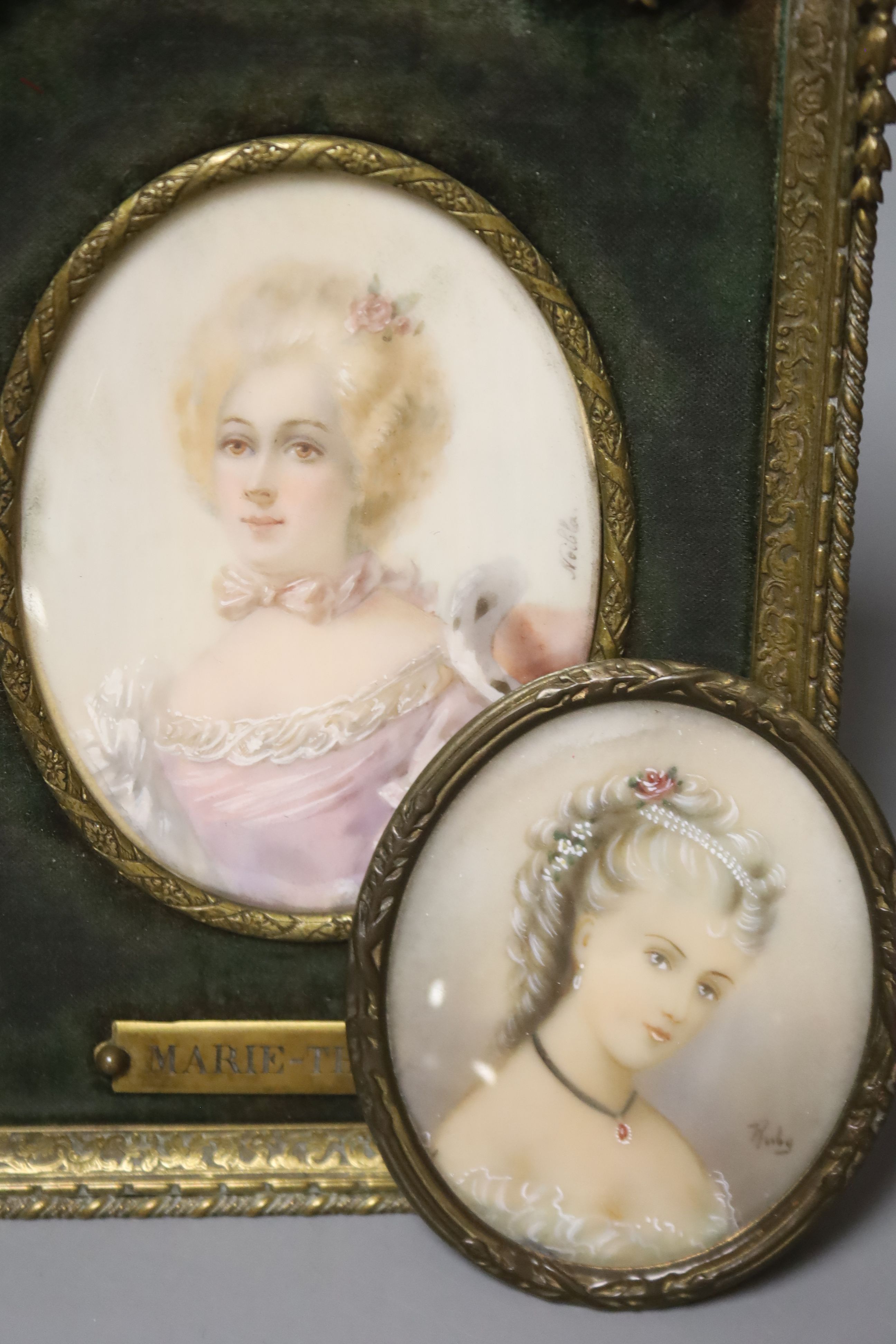 A framed portrait miniature of Marie Therese, overall 15.5cm high, and another similar miniature